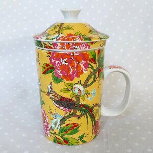 Cost Plus World Market Vintage Ceramic Peacock 3 pc. Tea Infuser Mug w/Lid